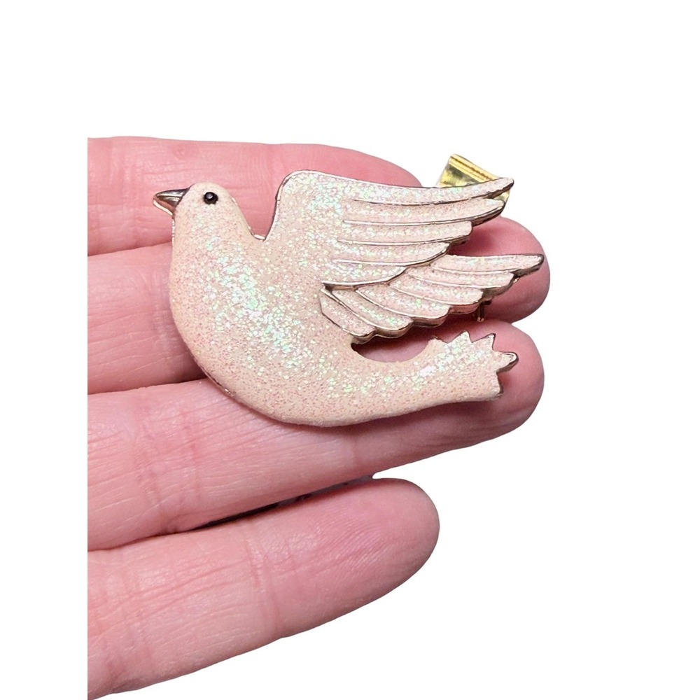 Cream Glitter Enamel Dove Bird Brooch‎ Pin Gold Tone Flying Peace Jewelry